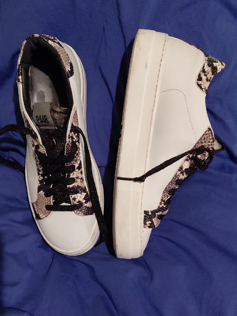 P448 White Sneakers with Black Laces & Beige Snake-Print Trim